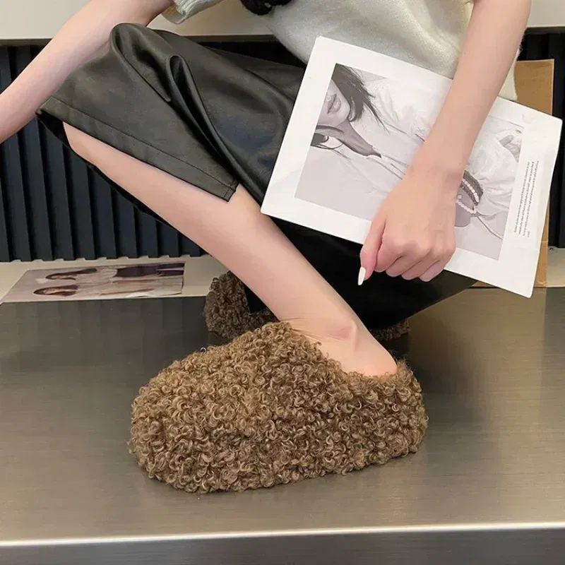 Color: Beige, Shoe Size: 36 - Thick Heel Luxury Lambwool Mules Winter Shoes Woman Flip Flops Flat Cover Toe Slides Ins Warm Curly Lamb Fur Slippers Women