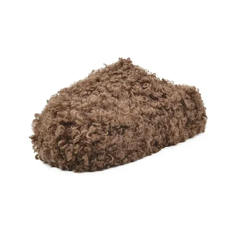 Color: Beige, Shoe Size: 36 - Thick Heel Luxury Lambwool Mules  Winter Shoes Woman Flip Flops Flat Cover Toe Slides Ins Warm Curly Lamb Fur Slippers Women