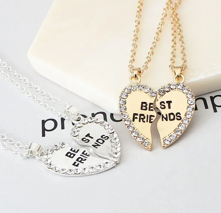 Metal Color: SILVER PLATED - 2 Pcs/set Love English Pendant Alloy Ornaments Fashion Best Friends Heart Necklace Good Friends Choker Statement Necklace