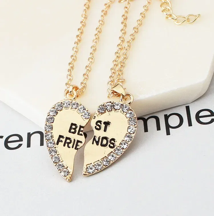Metal Color: SILVER PLATED - 2 Pcs/set Love English Pendant Alloy Ornaments Fashion Best Friends Heart Necklace Good Friends Choker Statement Necklace