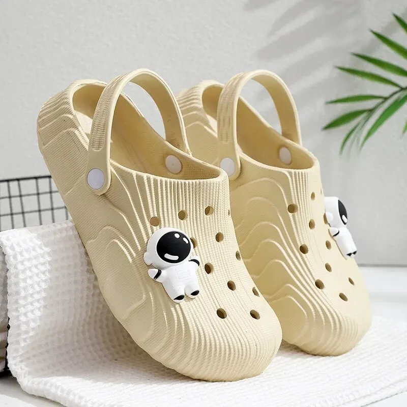 Shoe Size: 33.5, Color: Beige - 2024 New Fashion Women Slippers DIY Astronaut Spaceman Button Slides Non-slip Flat Sandals Beach Slippers Plus Size Women Shoes