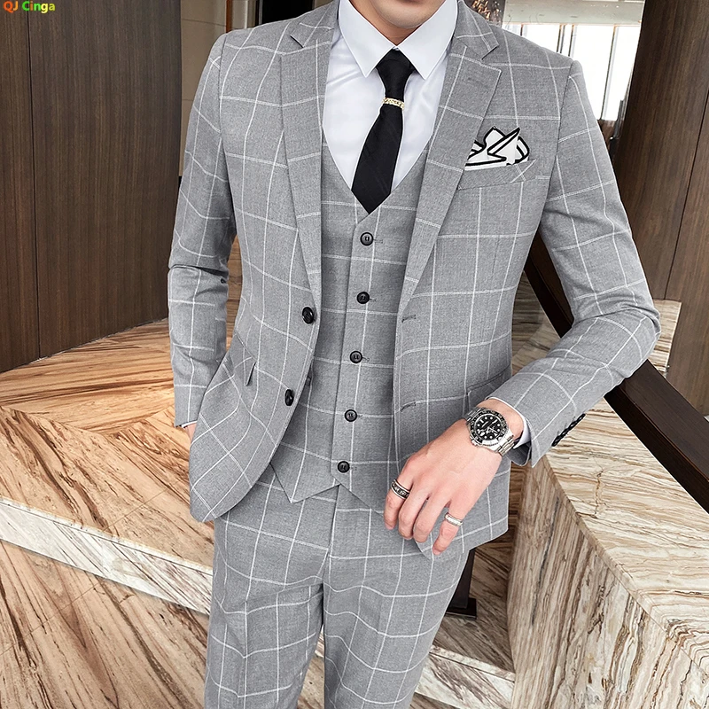 Color: Red, Size: 4XL - Gray Men Classic Striped/Checked Suits, Business Office 3 Piece, Asian Size Slim Fit Men Dress Jacket & Pants with Vest, S-4XL