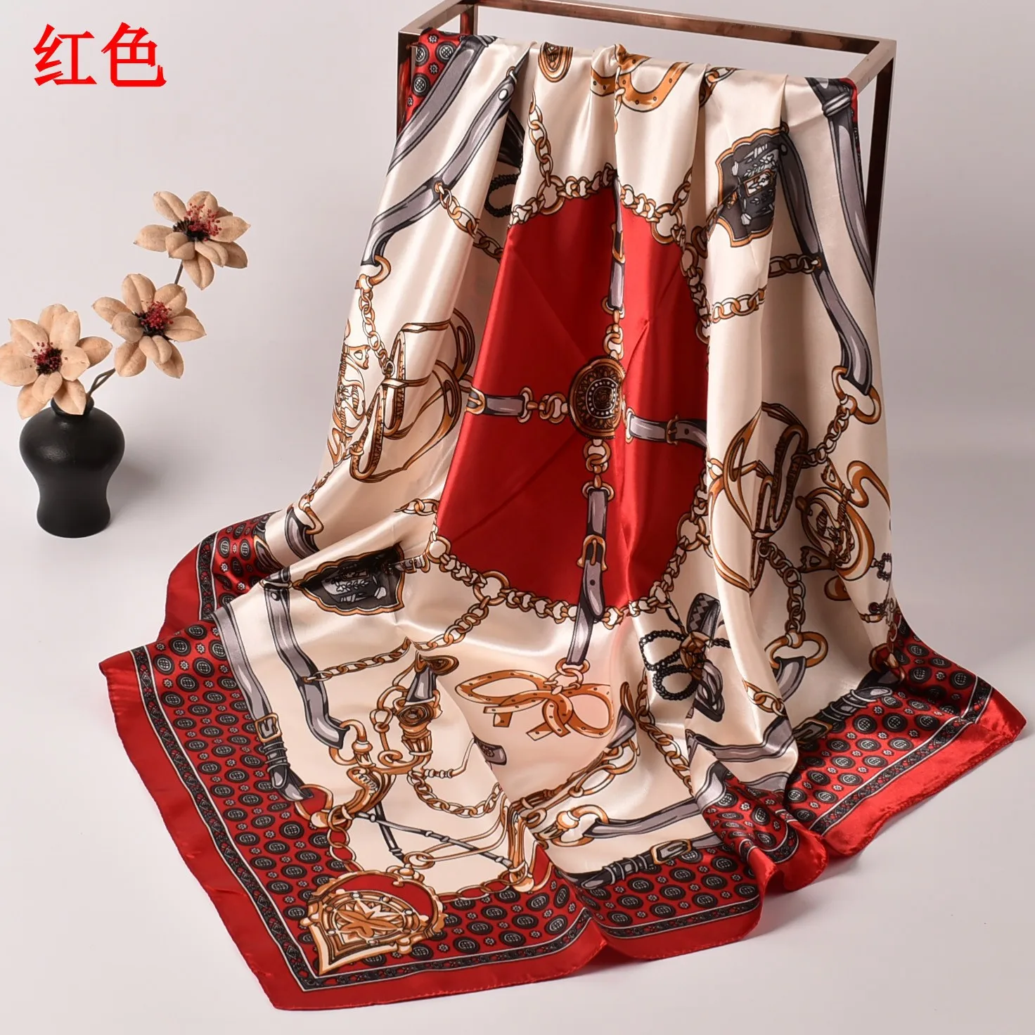 Color: Navy Blue - New Chain Square Scarf 90*90 Silk Color Ding Da Square Scarf Yiwu Spot Wholesale