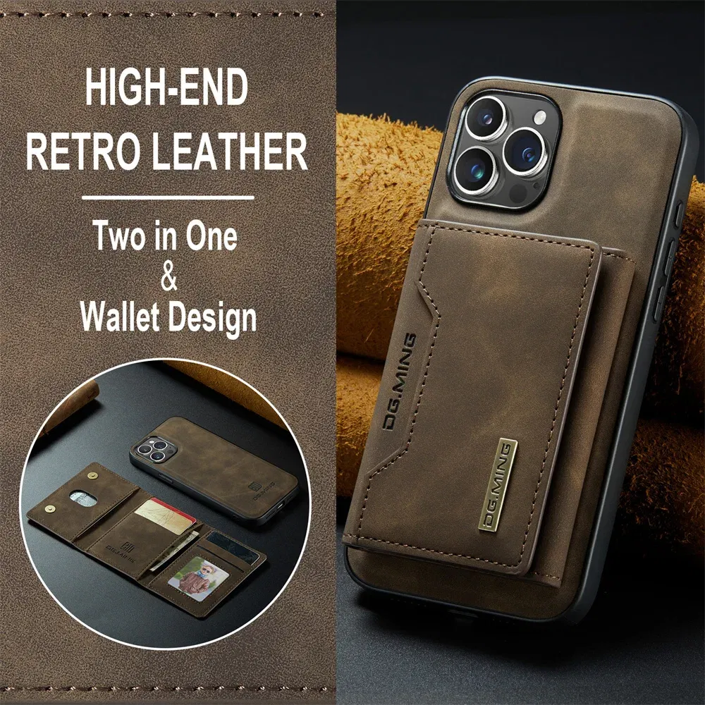 Color: Coffee, Material: leather - 2 In 1 Case For iPhone 16 15 14 13 12 11 Pro Max Plus XS Max XR 8 Plus SE 2022 Wallet Magnetic Leather Card Holder Pocket Cover