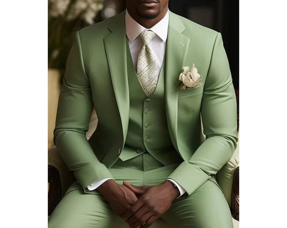 Color: Beige, Size: S - Green Suits for Men Blazer Single Breasted Notch Lapel Slim Fit Luxury Outfit 3 Piece Jacket Pants Vest Wedding Prom Party Terno