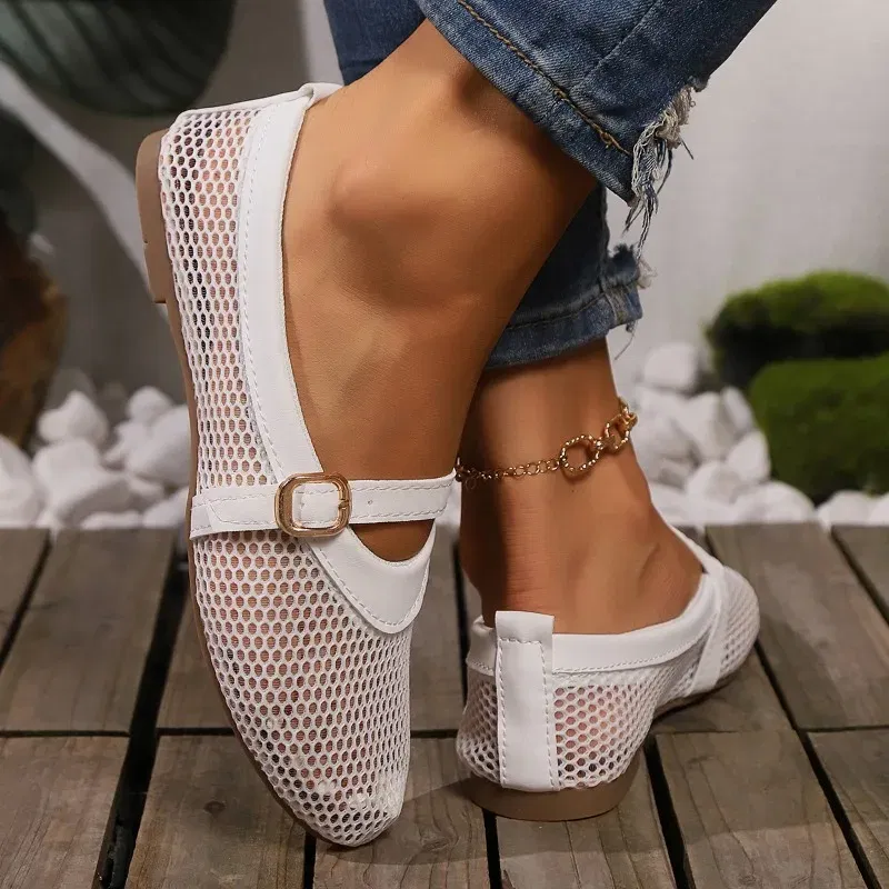Color: black, Shoe Size: 43 - Round head one buckle strap ballet shoes women's soft bottom flat hollow Mary Jane single fishing net shoes