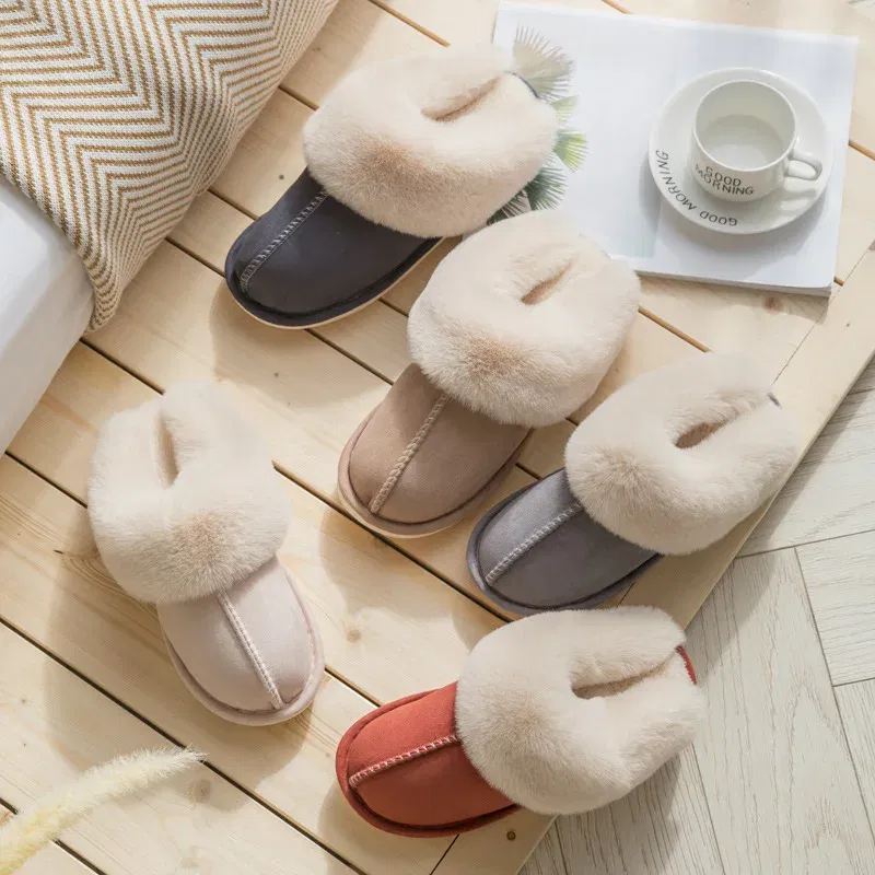 Color: Dark Grey, Shoe Size: 42 - Women's Faux Fur Slippers 2024 New Warm Thicked Plush Bedroom Sandals Woman Comfort Soft Sole Home Couple Winter Shoes Slides