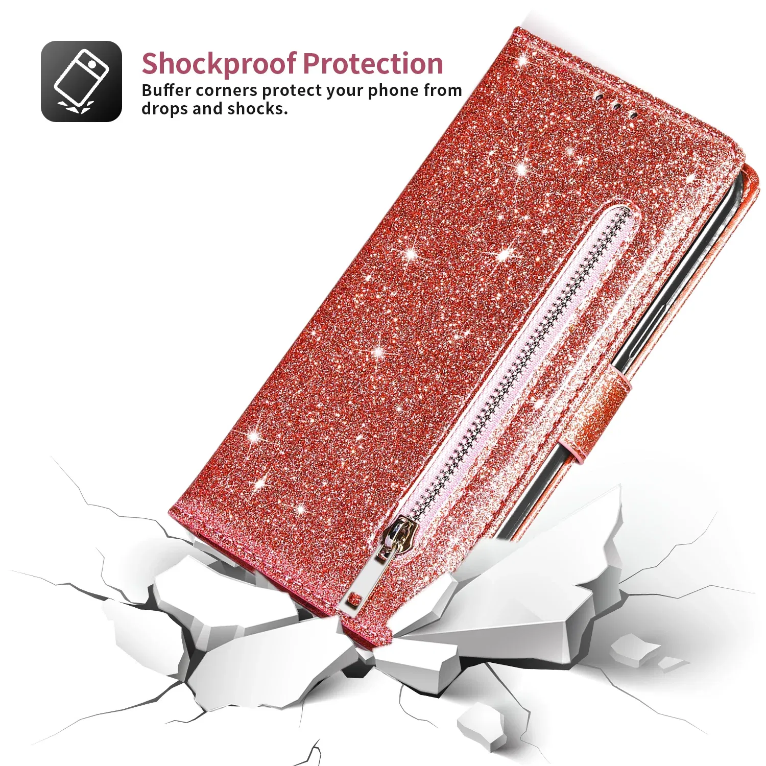 Color: Silver, Material: PP - Zipper Flip Wallet Glitter Leather Case for iPhone 16 15 14 13 12 11 Pro Max XS XR 8 7 Plus SE 2022 Mini Bling Stand Phone Cover