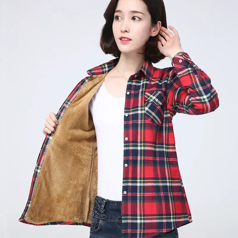 Color: Orange, Size: XXXL - 2025 Winter New Women's Warm Plaid Shirt Coat Casual Fleece Velvet Plus Thicke Jacket Tops College Style Woman Clothes Outerwear