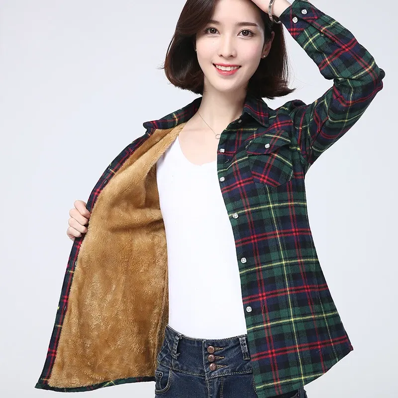 Color: Orange, Size: XXXL - 2025 Winter New Women's Warm Plaid Shirt Coat Casual Fleece Velvet Plus Thicke Jacket Tops College Style Woman Clothes Outerwear