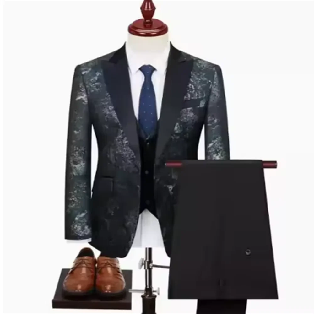 Color: Gold, Size: L - Green Men's Suit 3-Piece, Wedding Party Dress Jacket with Vest & Trousers, Asian Size Slim Men Sets, Beige Black Blue Available