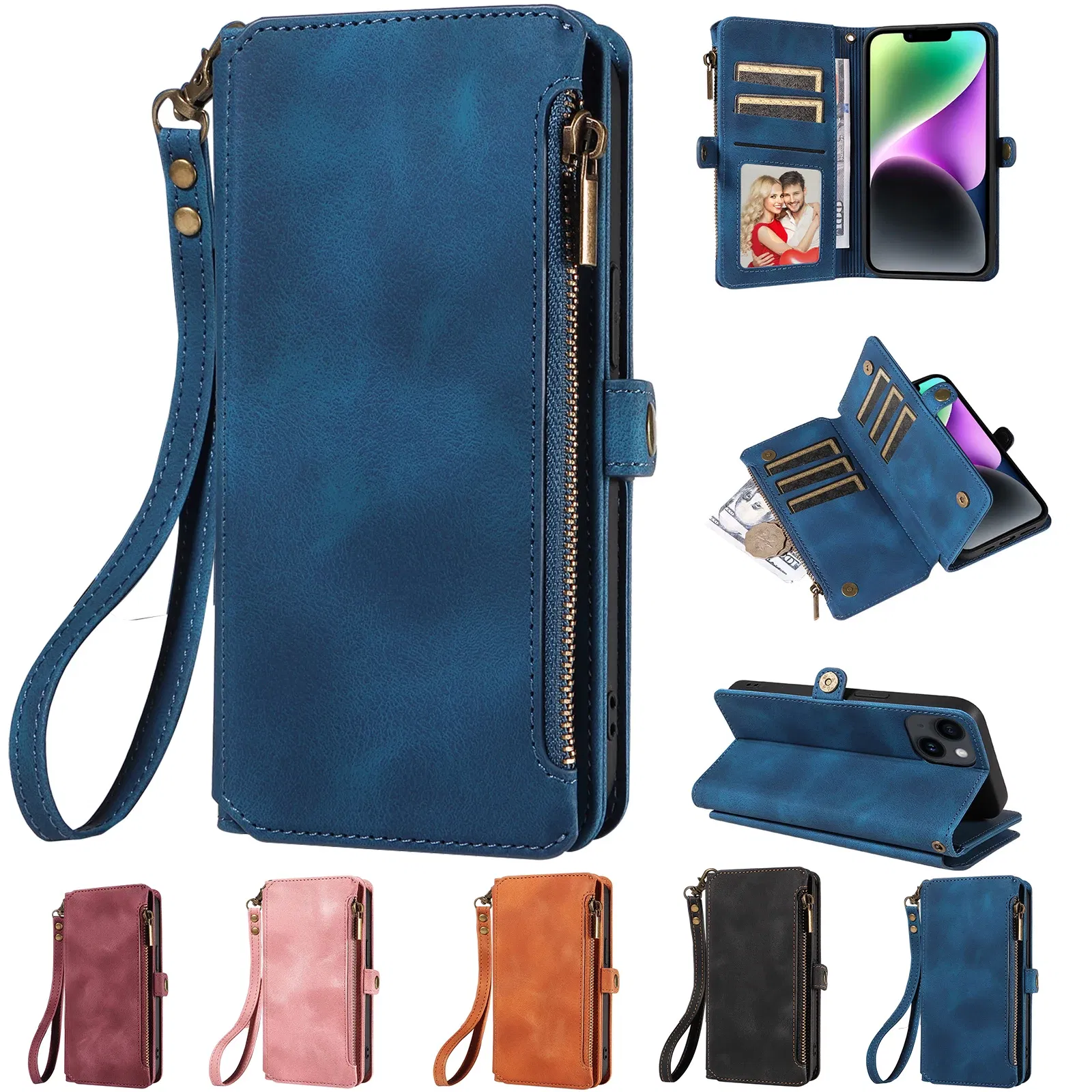 Color: SKY BLUE, Material: Neoprene - Zipper Multi 9 Cards Wallet Case for OPPO Reno 12 10 8 7 6 5 Pro 11F 11A 8T 6Z 5Z Retro Leather Lanyard Wrist Strap Phone Cover