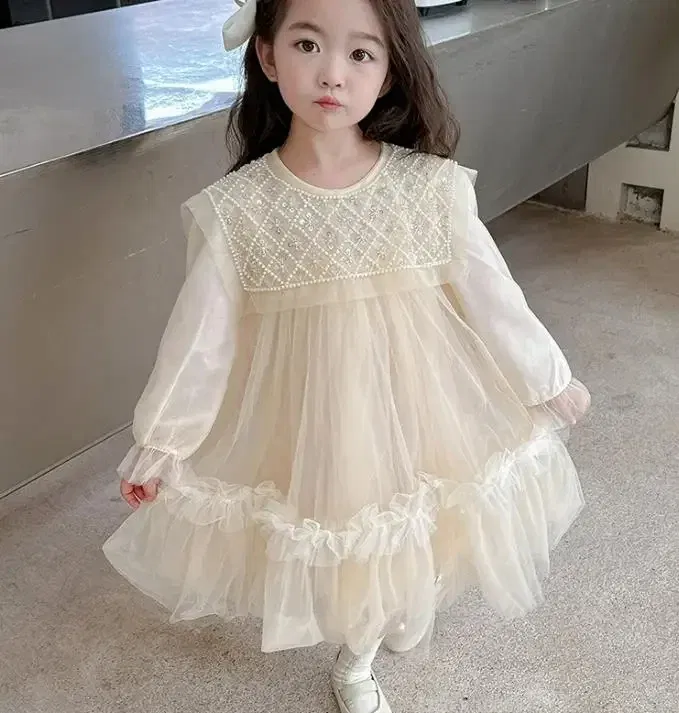 Color: Beige, Kid Size: 5 - Girls' Princess Dress 2023 Spring Summer Children's Wear Korean  Pearl Neck Princess Dress Fashion Yarn Dress