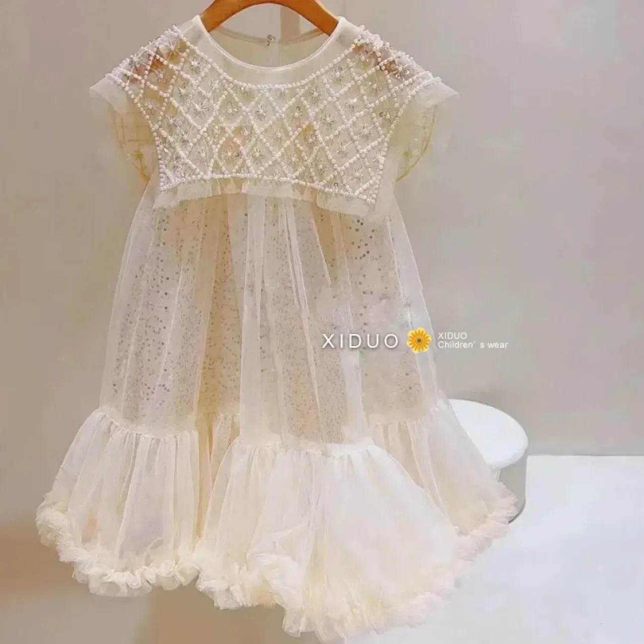 Color: Beige, Kid Size: 5 - Girls' Princess Dress 2023 Spring Summer Children's Wear Korean Pearl Neck Princess Dress Fashion Yarn Dress