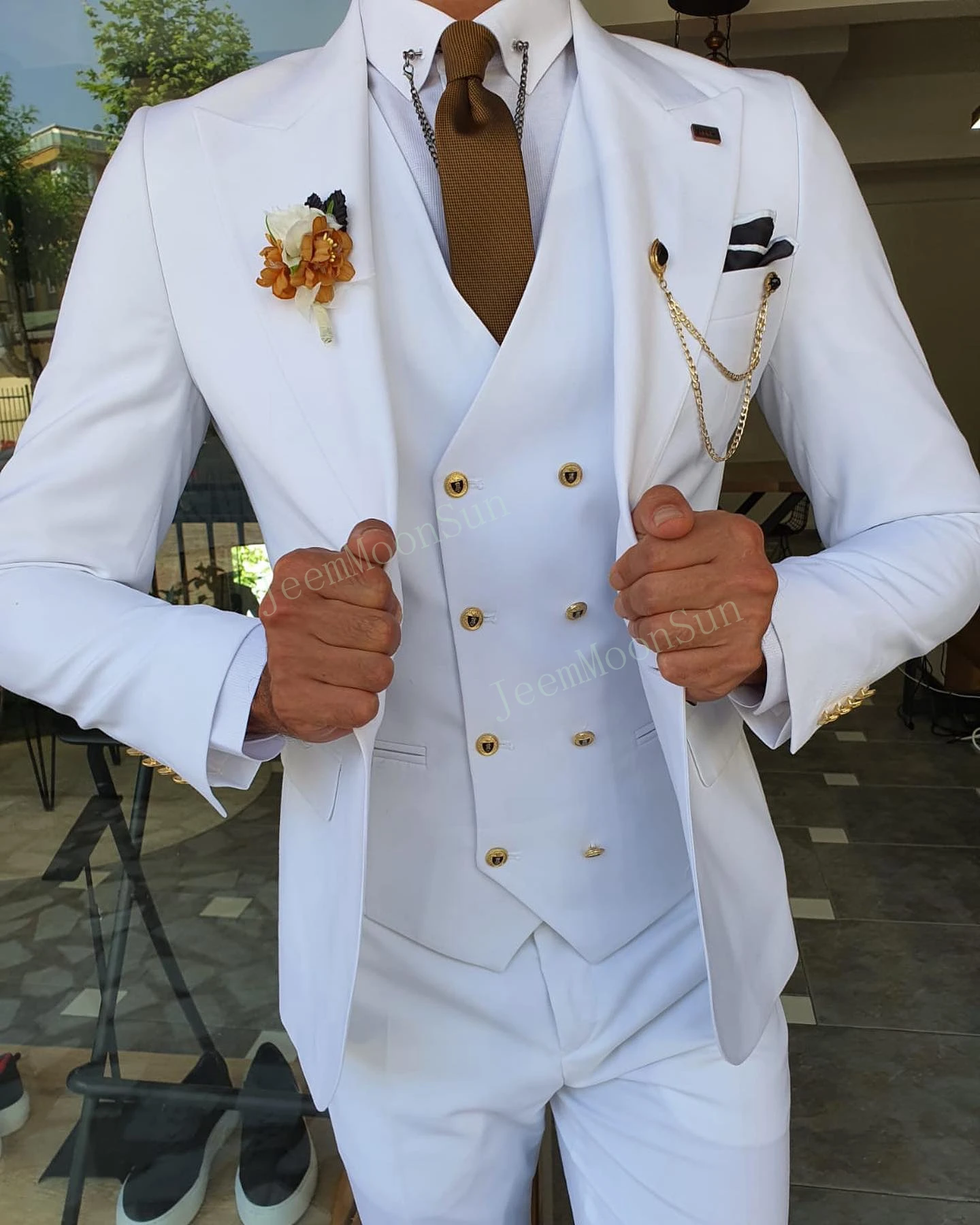 Color: black, Size: M, Ships From: CHINA - 3 Pieces New White Men's Suit 2022  Peak Lapel Slim Fit Casual Tuxedos Groom Tailor Made Terno Masculino (Blazer+Pants+Vest)