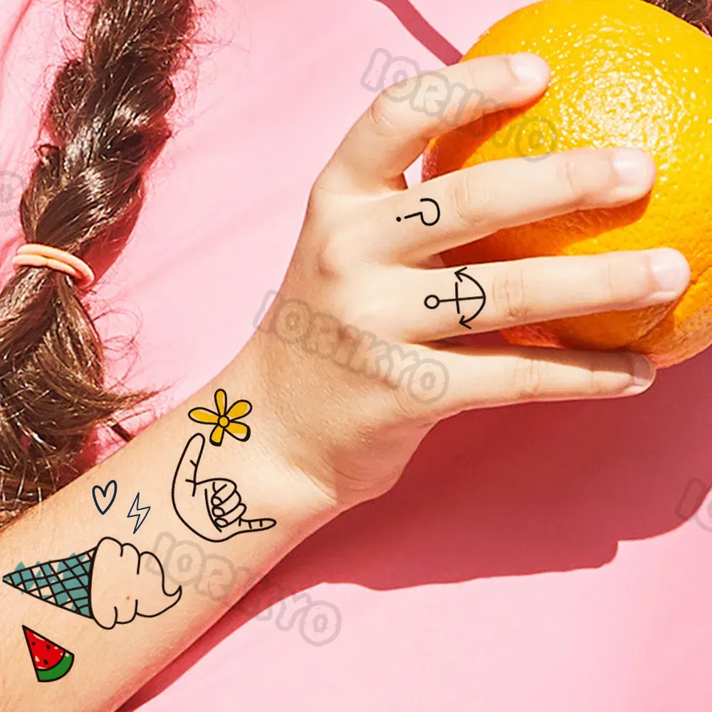 Color: dark blue - Summer Style Temporary Tattoos For Kids Adult Boy Girl Fake Ice cream Tattoo Sticker Small Rock Flower Heart Tatoos Hands Finger