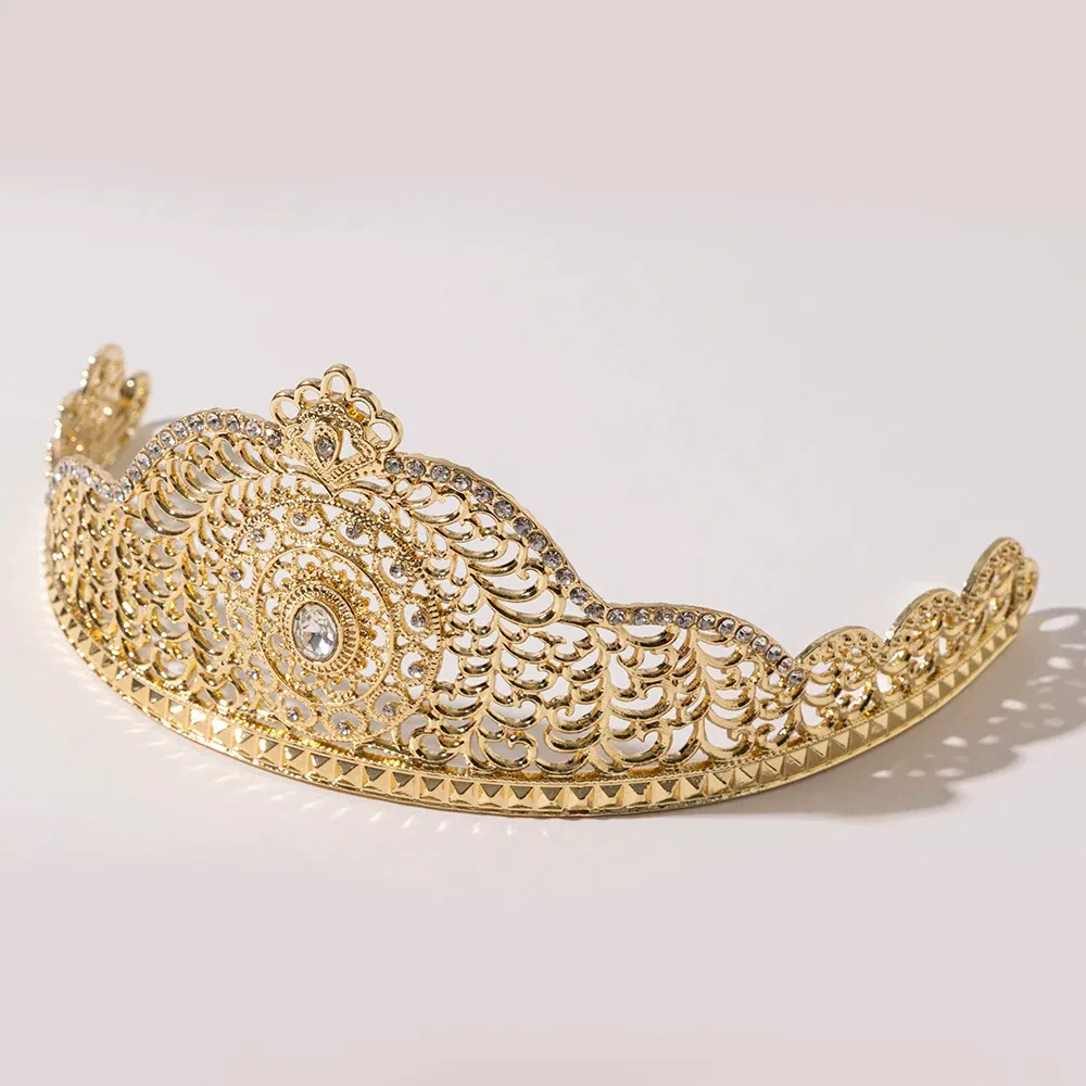 Metal color: ROSE GOLD COLOR - LUIZADA European Princess Queen Round Headdress Moroccan Bride Crystal Crown King Bride Headdress Wedding Hair Accessories
