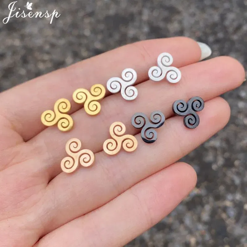 Metal Color: Antique Bronze Plated, Main Stone Color: Green - Cartoon The Movie Teen Wolf Triskele Triskelion Inspired Earrings Punk Stainless Steel Jewelry Triple Spiral Ear Studs Women Men