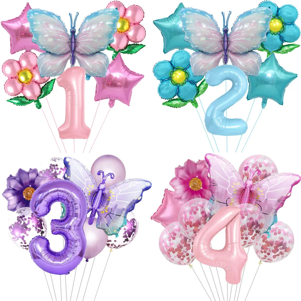 Color: Silver - Butterfly Balloon Set 32/40inch Number Balloon Princess Garden Decoration Girl Fairy Birthday Party Balloon
