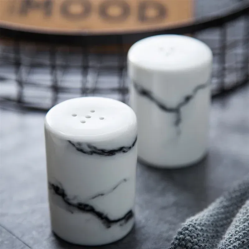 Color: Light Grey - Ceramics Spice Container Marbling Seasoning Bottle Nordic Style Creative Pepper Bottle Household Kitchen Supplies Spice Jar