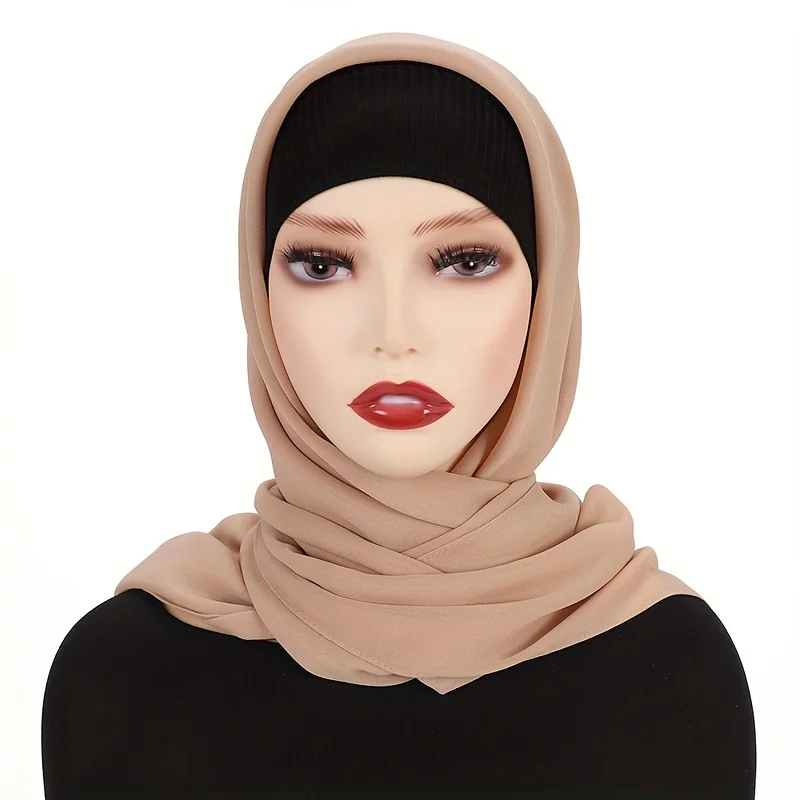 Color: black, Size: One Size - 110*110cm Chiffon Square Hijabs Scarf For Woman Muslim Turban Hat Islam Headscarf Women Plain Veil Jersey Hijabs Ramadan