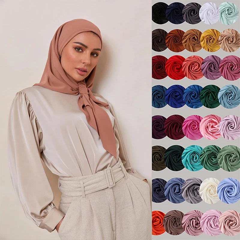 Color: black, Size: One Size - 110*110cm Chiffon Square Hijabs Scarf For Woman Muslim Turban Hat Islam Headscarf Women Plain Veil Jersey Hijabs Ramadan
