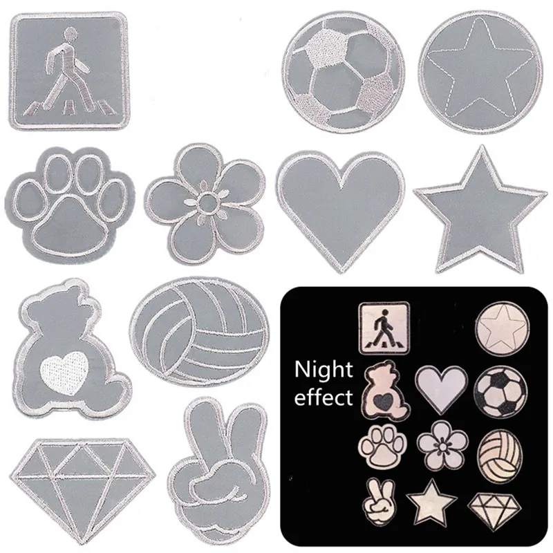 Color: Brass - 1pc Reflective Patches For Night Clothing Iron On Star Heart Flower Football Hand Diamond Stickers Diy Jackets Badge Appliques