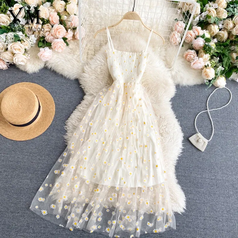 Color: PURPLE, Size: One Size - YuooMuoo Korean Fashion Daisy Flower Print Mesh Party Dress Summer Two Layers Spaghetti Strap Vacation Midi Dress Beach Vestidos