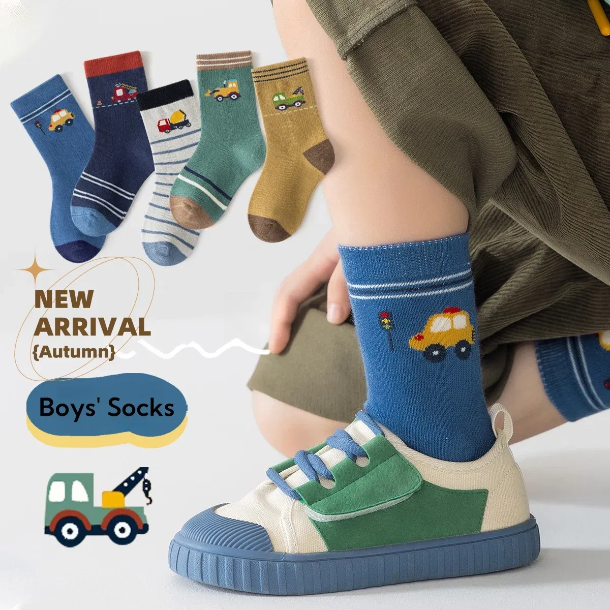 Color: GRAY, Size: 10-12T - Autumn Socks Baby Socks Cute Truck Car Pattern Socks Boys Medium Socks Kids Autumn Winter Cotton Socks 5packs