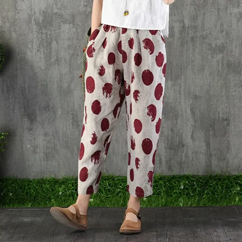 Color: Brown, Size: S - Cotton and Linen Pants for Women Summer Printing Harem Pants Female Mother Loose Retro Fashion Women's Ankle Length Pants