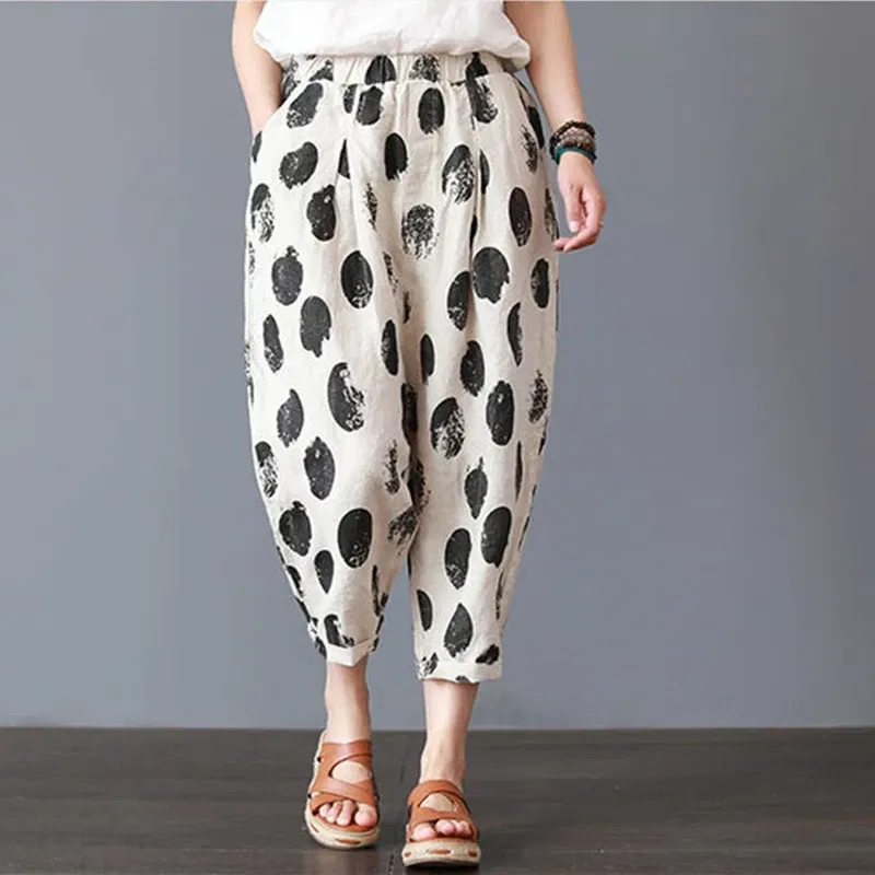 Color: Brown, Size: S - Cotton and Linen Pants for Women Summer Printing Harem Pants Female Mother Loose Retro Fashion Women's Ankle Length Pants