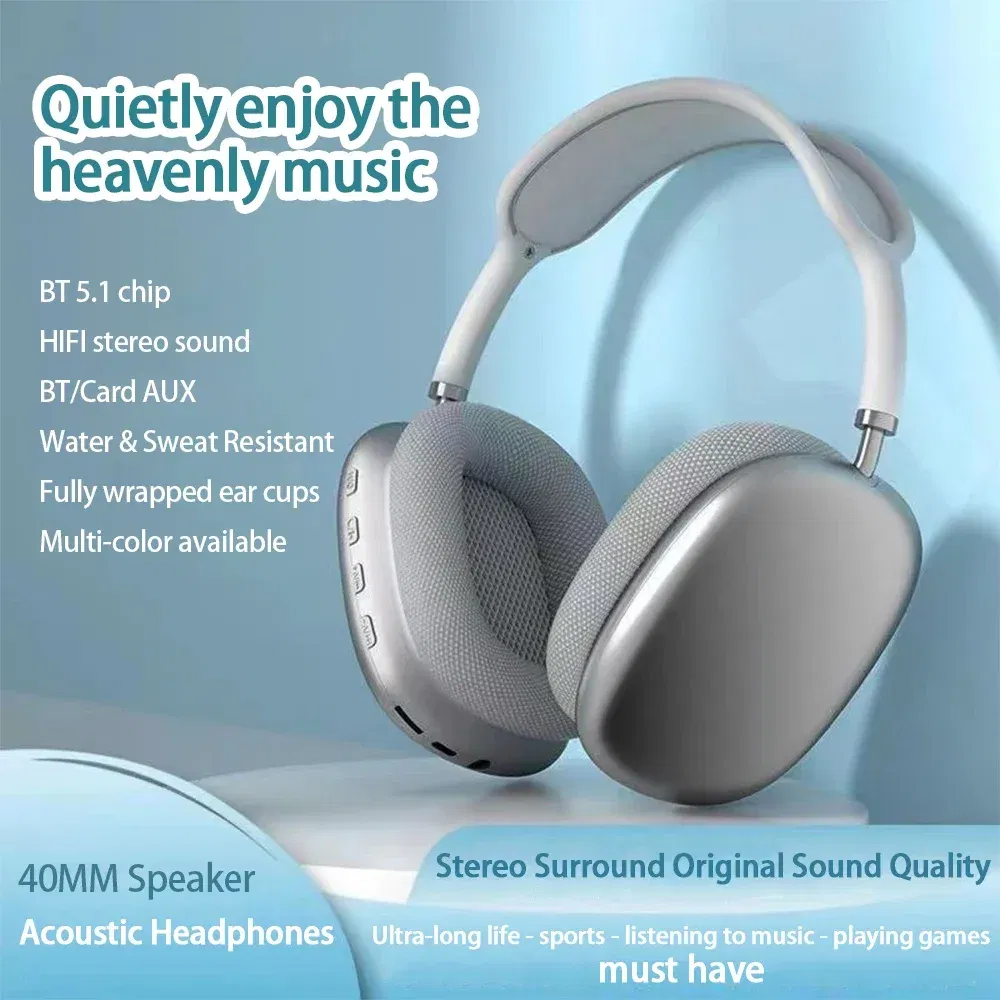 Color: Silver - P9 Wireless Bluetooth Headset Outdoor Sports Gaming Wireless Headphones with Mic Noise Cancelling Earbuds Bluetooth Earphones