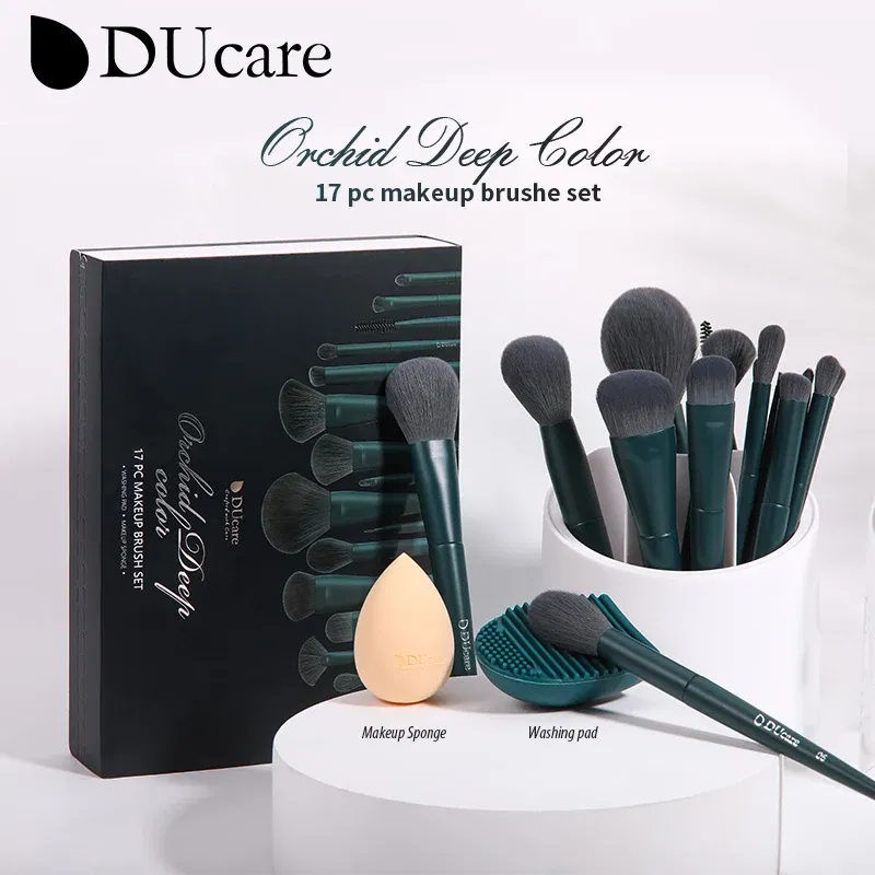 Handle Color: Green, Ships From: United States - DUcare Professional Makeup Brushes kits Synthetic Hair 17Pcs with Sponge & cleaning tools Pad for Cosmetics Foundation Eyeshadow
