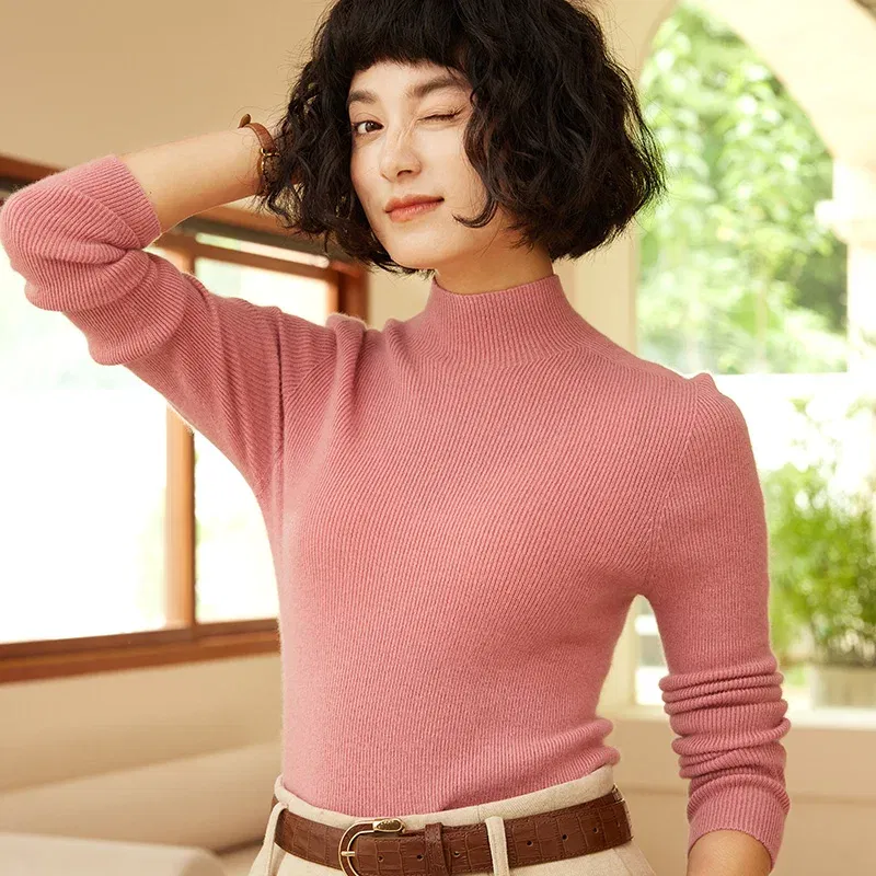 Autumn and winter new women's 100% pure cashmere semi high neck pullover sweater knitted slim fit hot selling women's top