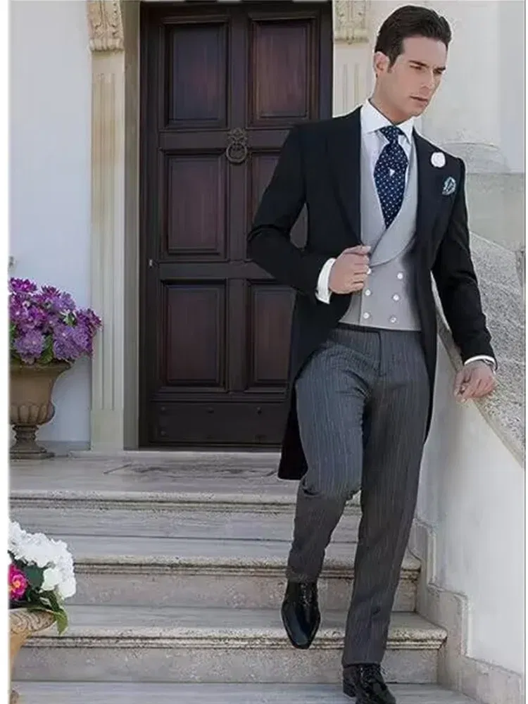 Color: black, Size: L - Black Long Tail Blazer 3 Pieces Gentleman Male Suit Men's Fashion Groom Tuxedo for Wedding Party Prom Jacket Vest with Pants