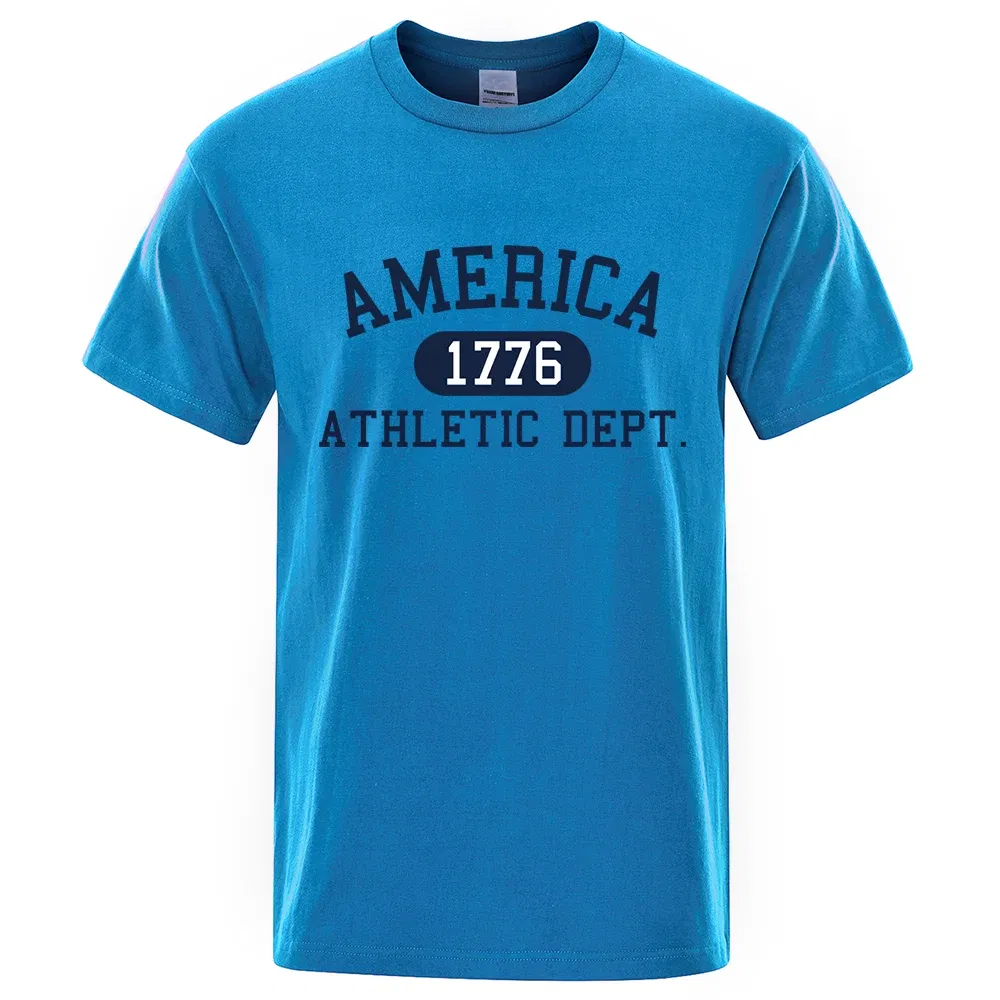 Color: Gold, Size: S - America 1776 Athletic Dept Letter Tshirt Man Fashion Tee Clothes Summer Luxury T-Shirt Hip Hop Breathable Cotton Tee Clothes