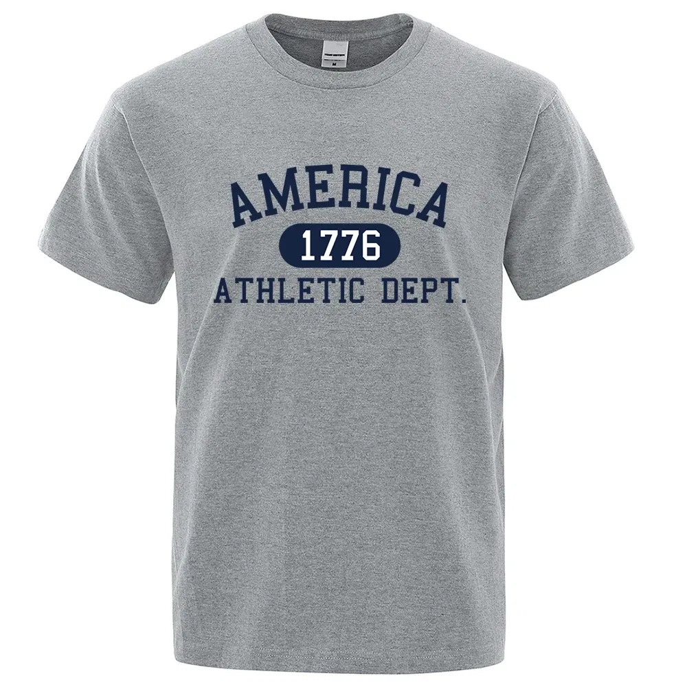 Color: Gold, Size: S - America 1776 Athletic Dept Letter Tshirt Man Fashion Tee Clothes Summer Luxury T-Shirt Hip Hop Breathable Cotton Tee Clothes