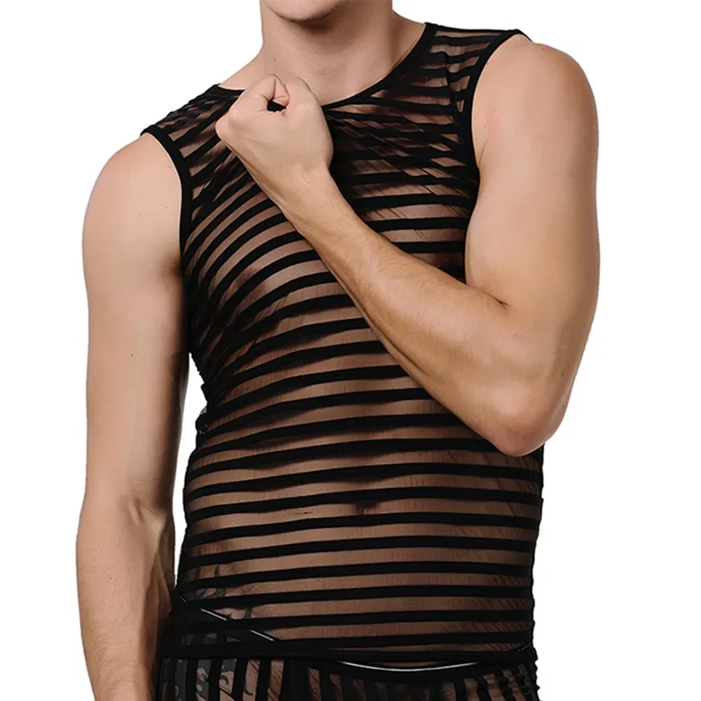 Color: black, Size: XL - Striped Transparent Tank Top Black Sexy Mesh Tops Men Clothing Gym Quick Dry Vests Fashion Casual Summer Sleeveless Solid Top