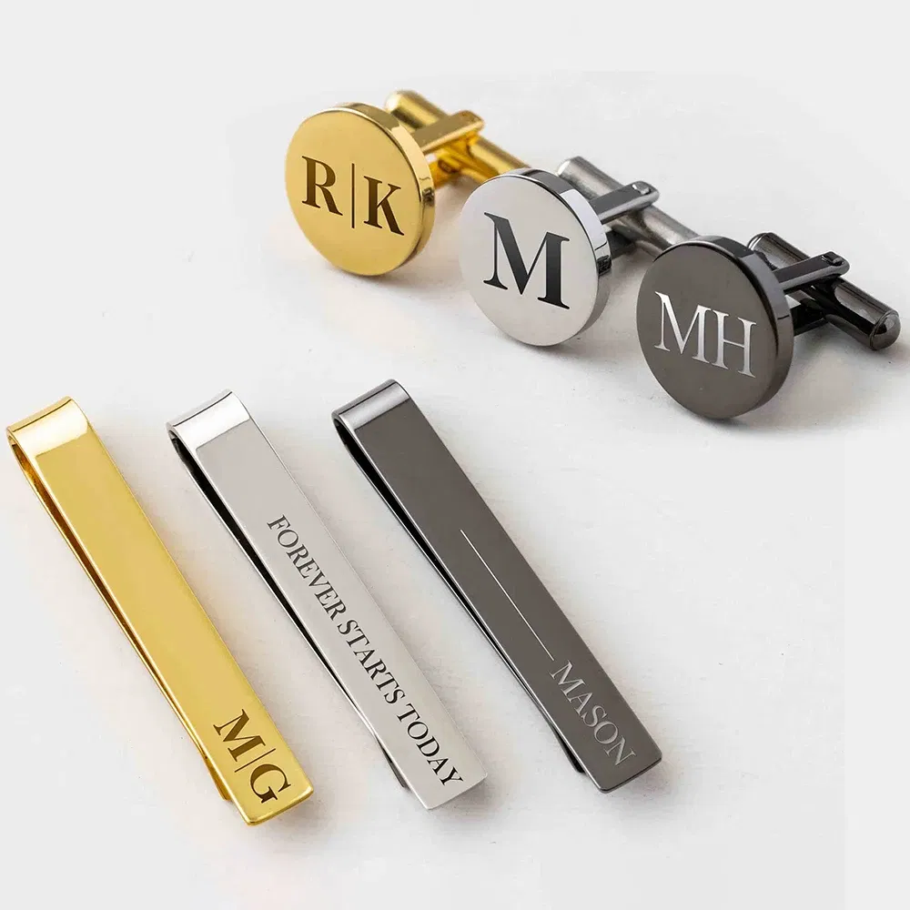 Color: Light Grey, Size: L - Custom Metal Cufflinks Tie Clip & Rectangle Gift Box Engraved Gift for Dad and Groomsmen Personalized Best Man Cufflinks Set