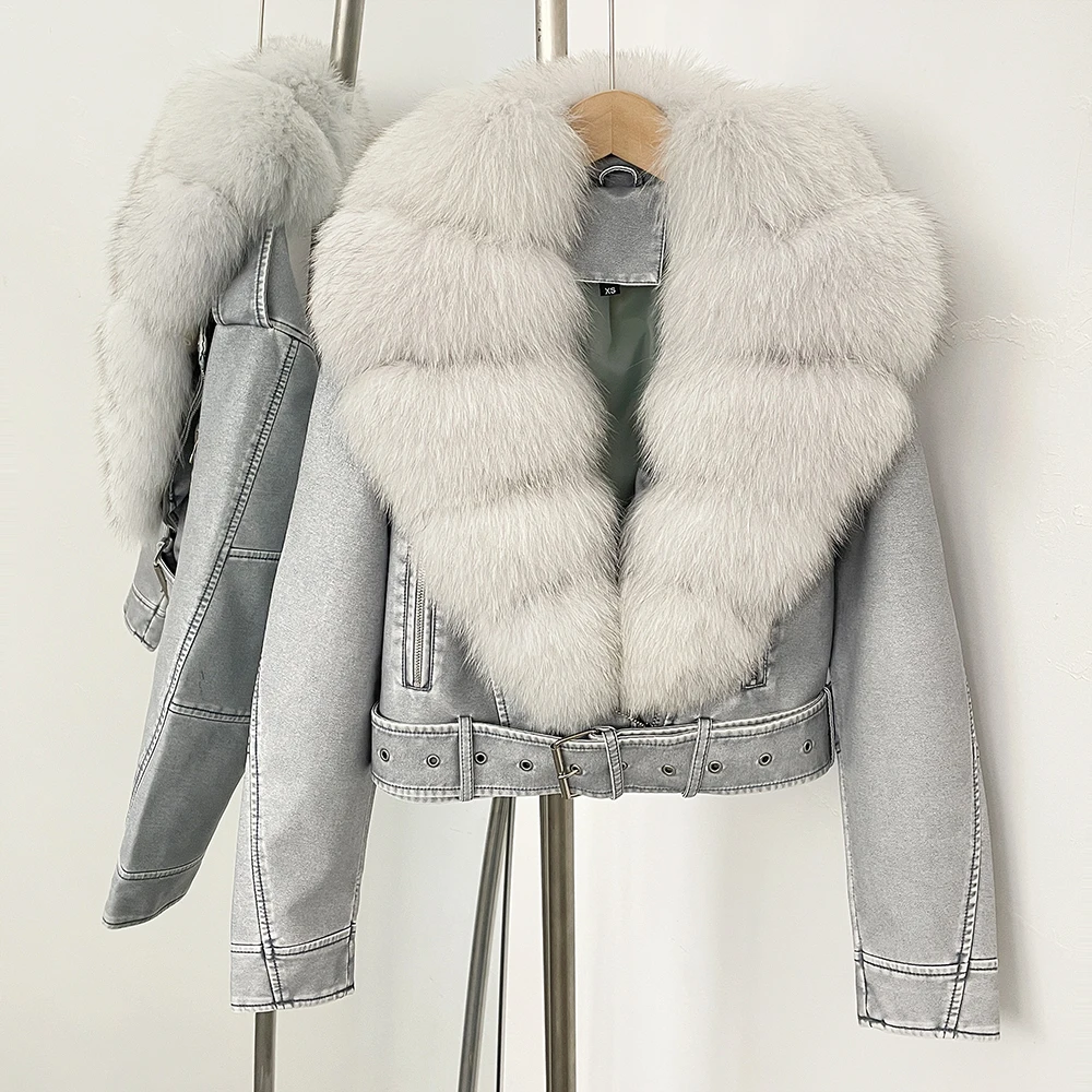 Color: black, Size: XL - Fake Leather Coat New Natural Fox Fur Autumn Short Faux Leather Jacket Female Spring PU Women Long Sleeve Real Fur Coat Thin