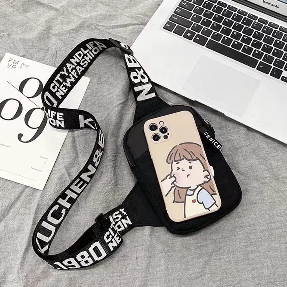Color: black - Sports Chest Bag Men Small Mobile Phone Messenger Bags Waist Bags Multi-Function Carry-on Bag Engrave Image Initial Name Patter