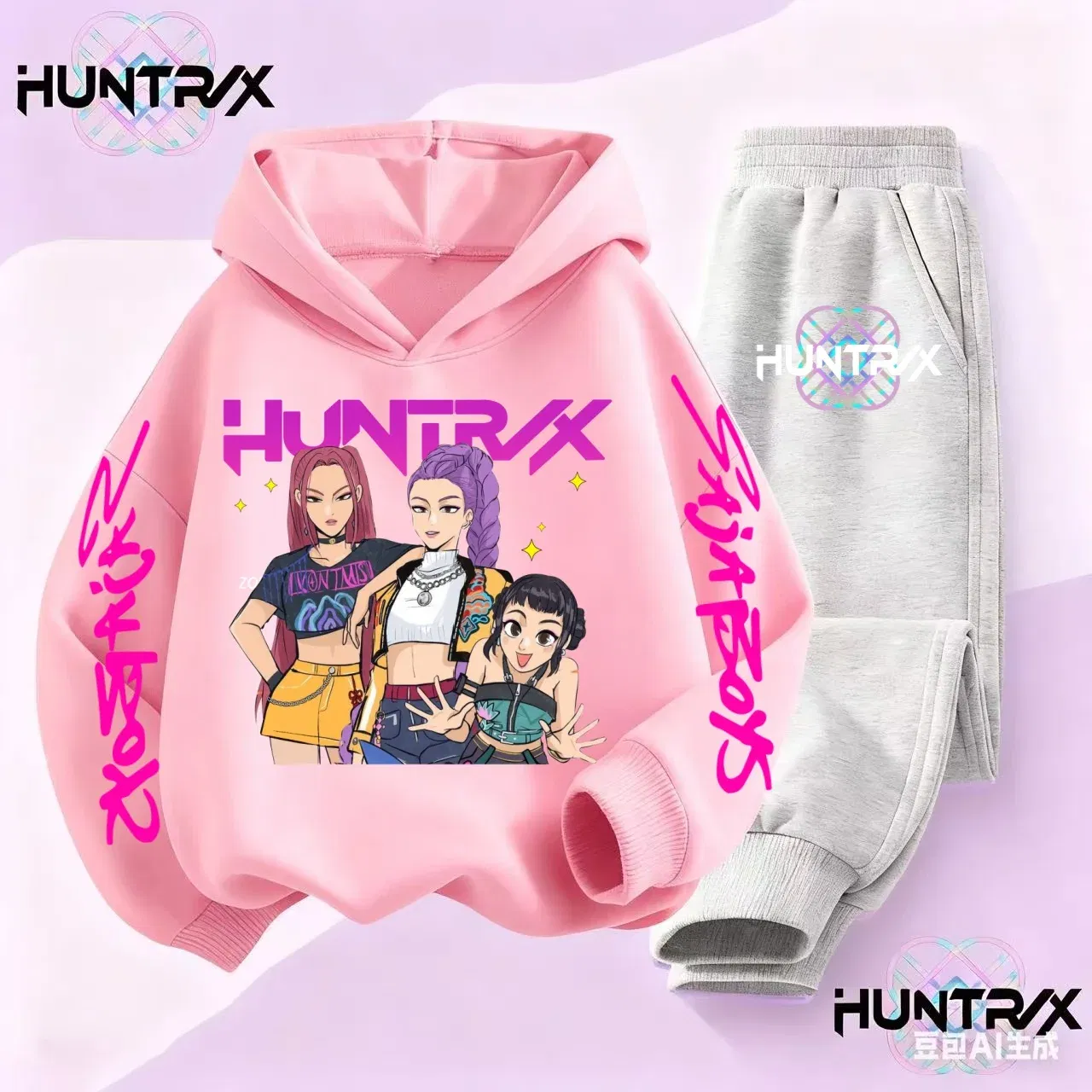 Color: black, Kid Size: 6 - 3-14Y Kpop Demon Hunters Hoodie Set Boys Girls Kids Autumn Sportswear Daily Clothes 2025