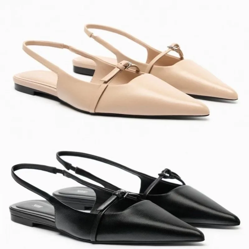 Color: black, Shoe Size: 40 - New Women Sandal Fashion Pointed Toe Shallow Mouth Non-slip Ladies Elegant Slingback Shoes Flat Sandals