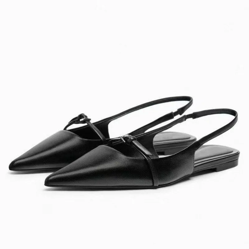 Color: black, Shoe Size: 40 - New Women Sandal Fashion Pointed Toe Shallow Mouth Non-slip Ladies Elegant Slingback Shoes Flat Sandals