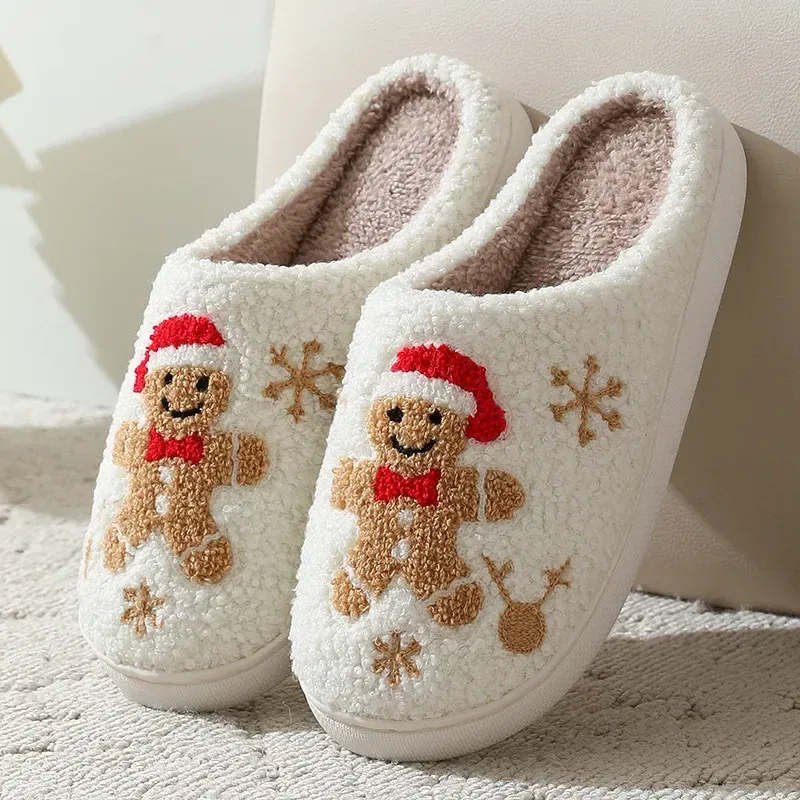 Shoe Size: 42-43, Color: Beige - Cute Gingerbread Winter Warm Christmas Women Slippers Slides Couple Houseshoes Men Bedroom Flat Soft Sole Home Shoes for Gift