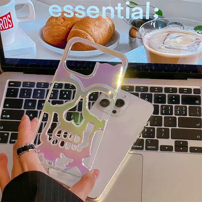Color: Sky blue, Material: PE - 3D Skull Ghostface Phone Case for iPhone 14 15 ProMax 11 12 13 Pro Max Plus Fashion Hollow Heat Dissipation Plating Slim Cover