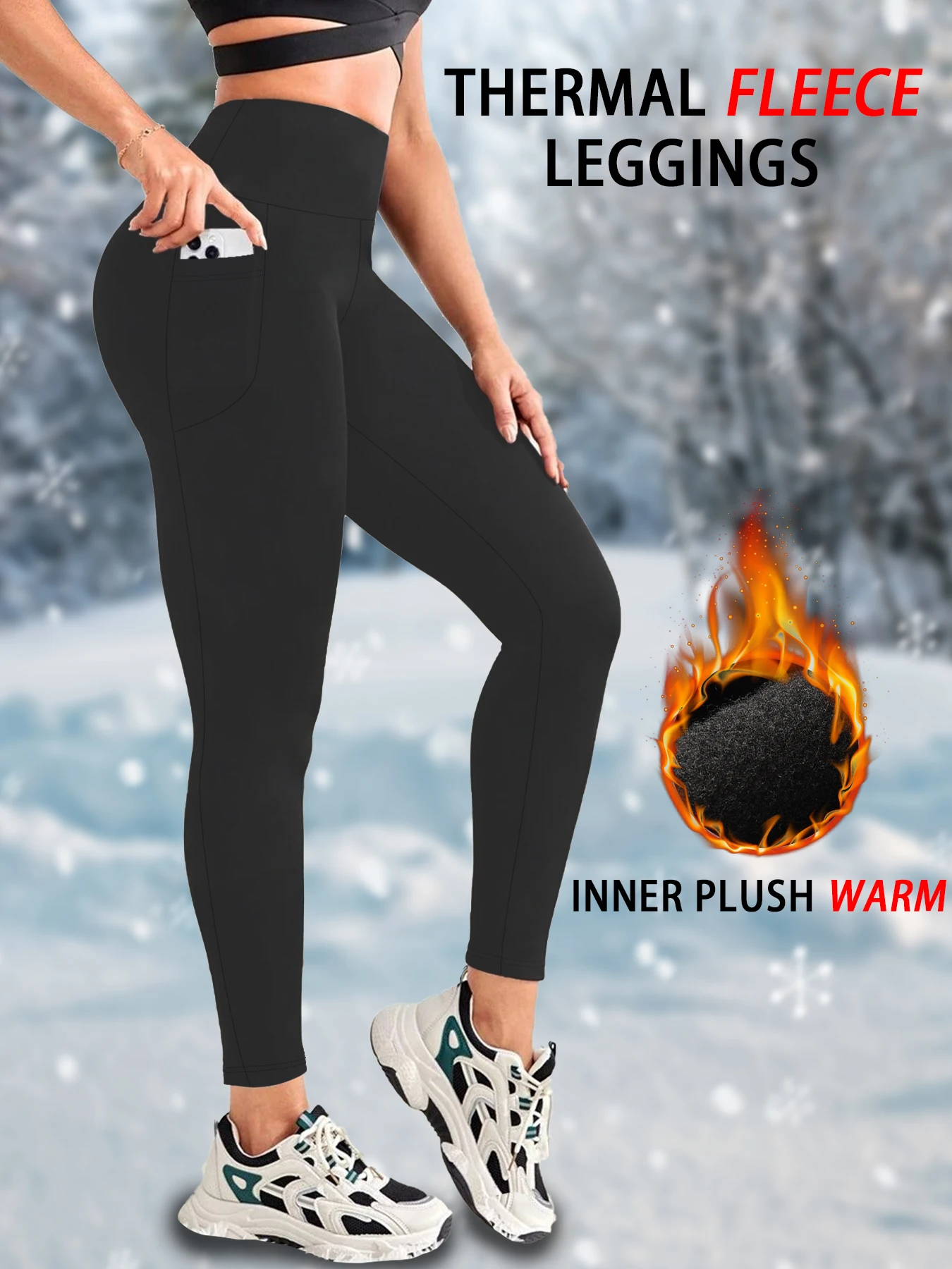 Color: Navy Blue, Size: L - Womens Thermal Fleece Lined High Waisted with pockets Leggings, Workout Winter Warm Thick Tights Soft Yoga Running Pants