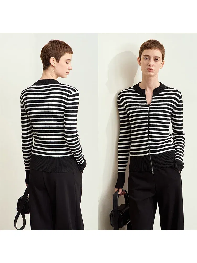 Amii Minimalism 2024 Women Cardigan Autumn New Casual Crew-neck Zipper French Stripe Wool Slim Patchwork Soft Knitwears 12443212