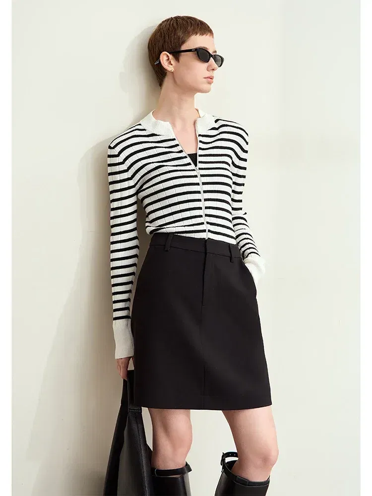 Amii Minimalism 2024 Women Cardigan Autumn New Casual Crew-neck Zipper French Stripe Wool Slim Patchwork Soft Knitwears 12443212
