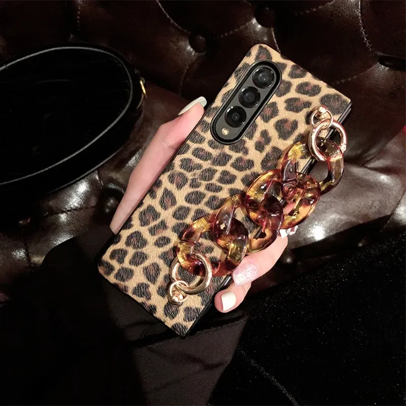 Color: Black, Material: ABS - Luxury Leopard Print PU Leather Phone Case For Samsung Galaxy ZFold 5 Z Fold 4 Z Fold 3 5G Cover with Wrist Strap for Woman Girl